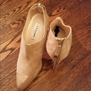 LK Bennett Beige Nude Suede Ankle Booties with Patent Toe